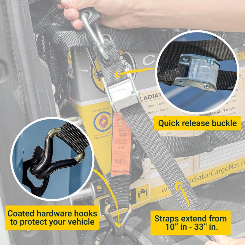 Gladiator Cargo Nets Gladiator Cargo Gear - SafetyWeb Cargo Net - Heavy Duty, Truck Bed Organizer- Bed Cover-tie Down-Adjustable- Camping- Small (SSW-100) 4.75' x 6' - Image 3